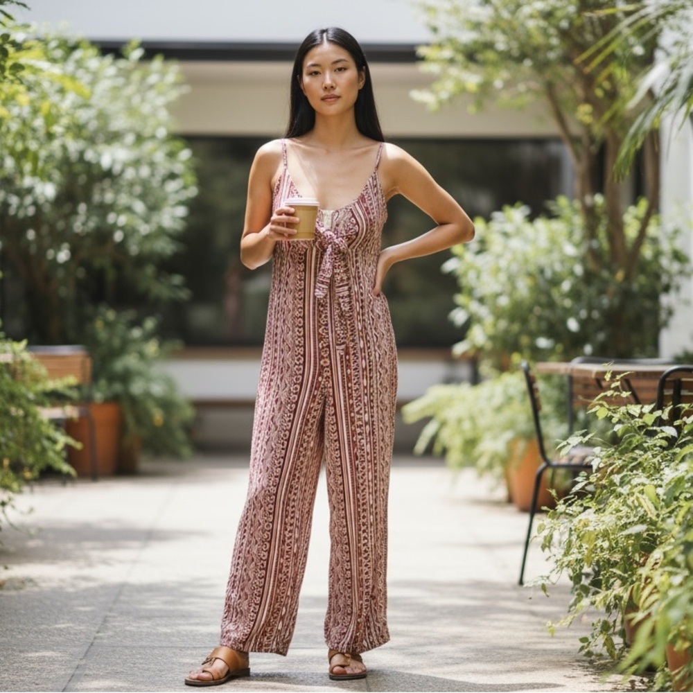 AUDREY 3+1 Red Aztec Print Tie-Front Jumpsuit